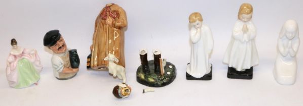 Six Royal Doulton figures - Bedtime HN1978, Darling HN1985, Sara HN3219, Images - Amen HN4021,