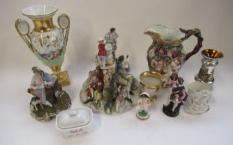 Collection of Continental ceramics incl. two handled vase, large figure group, Italian jug with