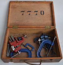 Wooden case with Paramo A-One vice, three other vices and three Made in England G clamps