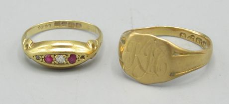 18ct yellow gold signet ring with KJC engraved to face, size Q1/2, and an 18ct ring set with diamond