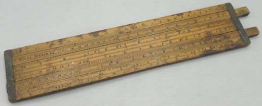 Boxwood wine and spirit trade alcohol slide rule, with two sliders to each long side and brass to