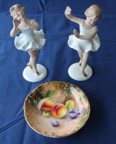 Royal Worchester hand painted pin dish, and a pair of Wallendorf porcelain figures of two