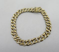 9ct yellow gold flat link bracelet set with diamonds, with box clasp and safety chain, stamped
