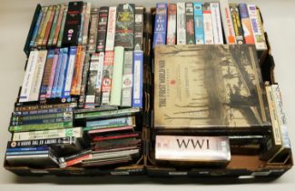 Large collection of DVDs, VHS tapes, CDs, etc. relating to the history of WWII and WWI (6 boxes)