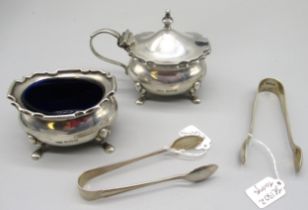 Hallmarked Sterling two piece silver set, with shaped rectangular border and blue glass liner, by