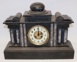 C19th French slate and marble mantel clock, stepped dial with brass centre and porcelain Arabic