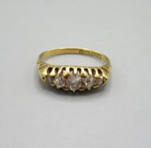 18ct yellow gold five stone diamond ring, stamped 18, size K, 3.1g