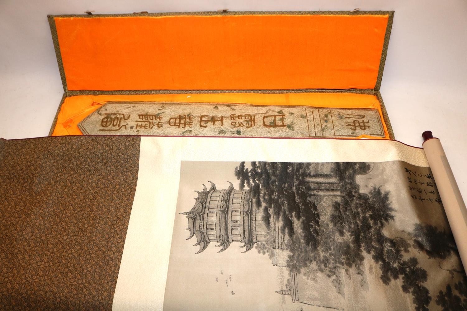 C20th carved stone Buddhist plaque, decorated with ancient Chinese characters, L100cm, and a Chinese