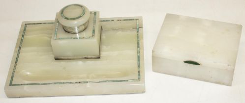 Art Deco hallmarked silver mounted blue marble banded pale green onyx rectangular inkstand with