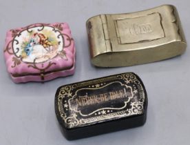 Three snuff boxes. features a two compartment Georgian brass snuff box, a pink decorative
