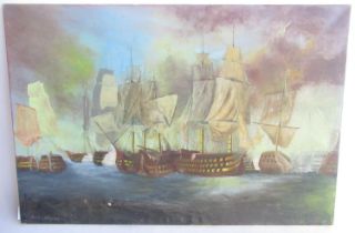 Unframed oil on canvas of naval battle, signed Derek Molloy 1981 62 x 92 cm