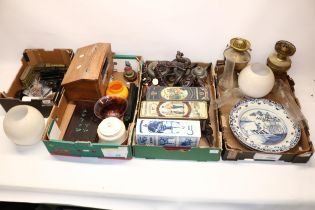 C20th Chinese pewter three piece teaset, two brass oil lamps, whisky tins, other miscellanea (6)