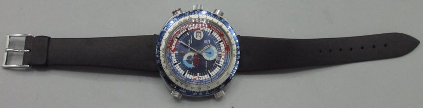 Sorna Chrono World Time tachymetric stainless steel wristwatch with date, signed blue dial with