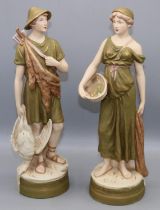 Pair of Royal Dux figures - huntsman and fisherwoman, shapes 2065 & 2066, max. H34cm (2)