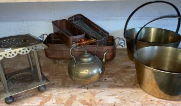 Various brassware and copper to include, trivet stand and tea pot, brass swan, two jam pans and