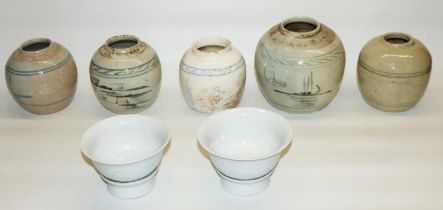 Five Provincial Chinese ginger jars, max. H14.5cm, and a pair of white glazed rice bowls with