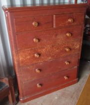Victorian painted pine chest of two short above four long drawers with turned wooden handles on