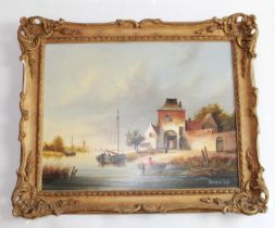 Two oil on canvas framed paintings, one depicting maritime harbour scene and one depicting a working