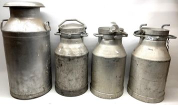 Four vintage aluminium milk churns, max. H72cm