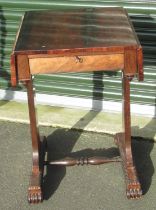 Regency rosewood sewing table, rectangular top with two fall leaves above a fitted frieze drawer