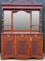 Victorian oak mirror back sideboard, with arched cornice and three mirror plates above three drawers