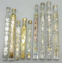 Collection of C19th teardrop/Oxford lavender type glass scent bottles with gilt and enamel