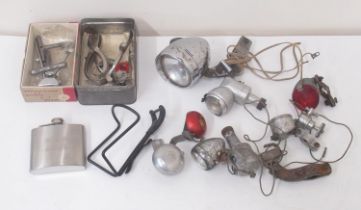 Assorted dynamo bike lights, stainless steel hip flask, vintage hair clippers