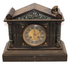 J. J. S. C19th French slate and marble mantel clock, stepped dial with brass centre and Roman