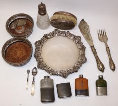 Collection of silver and silver plate incl. a glass sugar sifter with silver top, two silver mounted