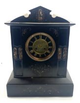 C19th French slate and marble mantel clock, stepped dial with brass centre and Roman chapter ring,