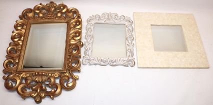 Rococo style wall mirror in pierced scroll gilt frame, a small wall mirror in pierced white