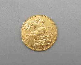 Victoria sovereign, 1890, worn mint mark, 8.0g