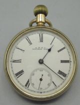 Waltham Riverside presentation 14K rolled gold open face pocket watch, signed white enamel Roman