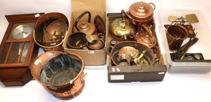 Large collection of copper and brassware, incl. two copper coal buckets, urn, kettles, hunting horn,