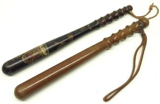 Two police truncheons - a C19th painted Liverpool truncheon, decorated with a crown above VR,