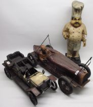 Two composition model cars, max. L70cm, and a similar figure of a chef (3)