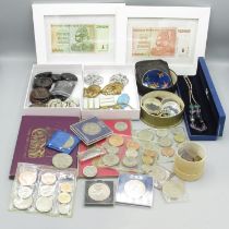 Mixed collection of GB coinage, costume jewellery, buttons, etc. inc. Swarovski necklace, framed
