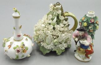 Three porcelain scent bottles - comprising a Meissen bottle form scent bottle with applied