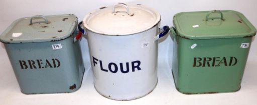 Two large green enamel bread bins, and a large white enamel flour bin (3)