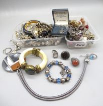 Pewter ring set with smokey quartz, two other white metal rings, and a collection of costume