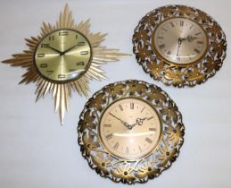 Metamec gold finish sunburst wall clock, signed gold finish dial with Arabic numerals and centre