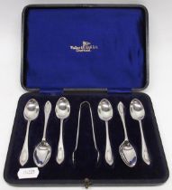 Cased Art Deco set of Silver teaspoons with sugar tongs, Sheffield, 1922, Walker & Hall Ltd, L10.