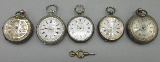 Swiss cylinder silver key wound fob watch, porcelain Roman dial, case stamped .800; two Swiss