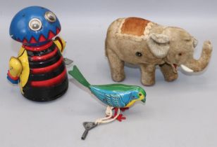 Clockwork toys - a plush elephant, H9cm; a Marx tinplate alien, H13.5cm; and a similar Minic bird,