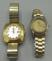 Ladies Seiko gold plated cushion automatic wristwatch with date, signed gold coloured linen finish