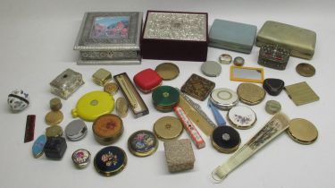 Collection of mixed compacts inc. Stratton, jewellery boxes, Estyma travel alarm clock, etc.
