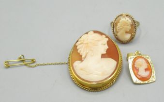 9ct yellow gold ring set with cameo, stamped 9ct, size O, a similar cameo pendant, stamped 375,