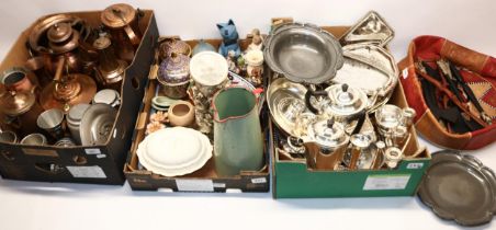 Large collection of mixed metal ware (2 boxes), Collection of carved African items and an African