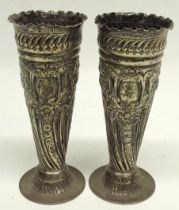 Pair of Victorian silver posey vases, foliate design with a wavy rim, London, 1897, Josiah