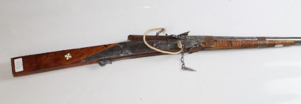 C19th Miquelet musket. Steel Barrel and lock, copper banding bone inlay to Butt. Overall length